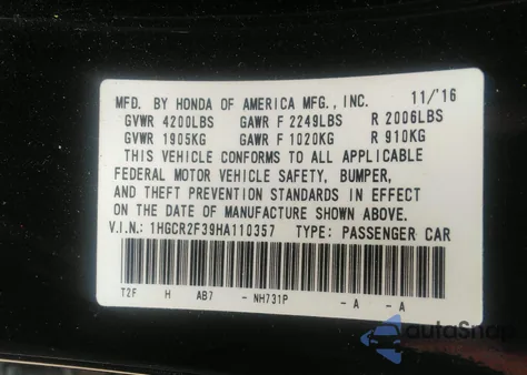 2017 Honda Accord Lx из США, поврежденный, VIN 1HGCR2F39HA110357